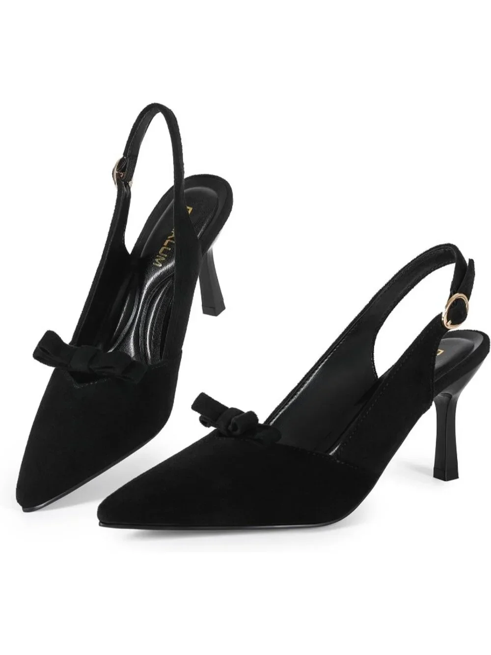 Women's Black Comfortable Slingback Closed Pointed Toe 3 inch Kitten Heels Pumps
